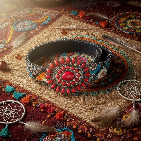Boho Imports Accessories - Bohemian Turquoise Patterned Women's Belt with Red Stone Buckle